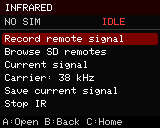 The Infrared menu captured from the MakerPhone framebuffer